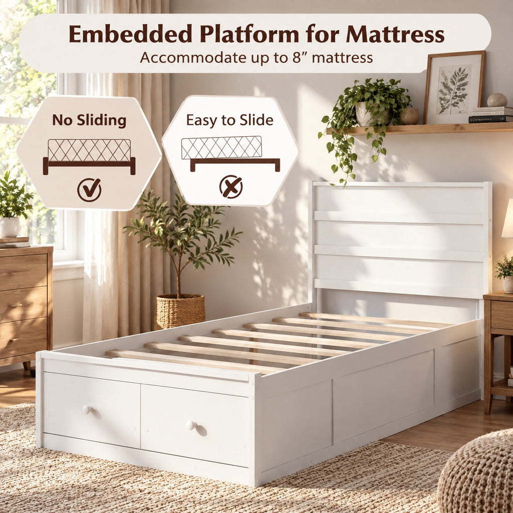 Airfind Twin Size Bed Frame with Storage Drawers and Headboard, 350 lbs Capacity, Solid Wood Plywood Engineered Wood MDF Frame, White