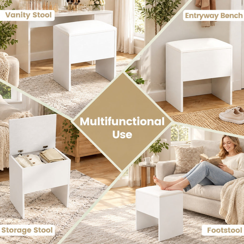 Airfind Vanity Stool Flip Top Storage Stool with Soft Padded Seat, 220 lbs Capacity, Oxford Fabric Frame, White