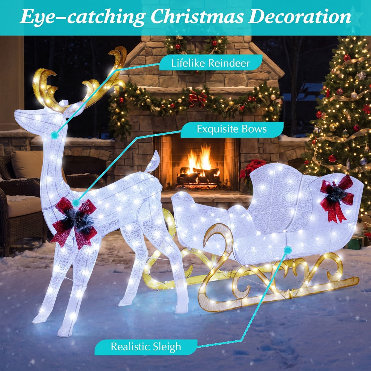 Airfind 6 Feet Christmas Lighted Reindeer and Santas Sleigh Decoration with 4 Stakes, Steel tinsel Frame, 19.5 x 72.5 x 48.5 Footprint, White