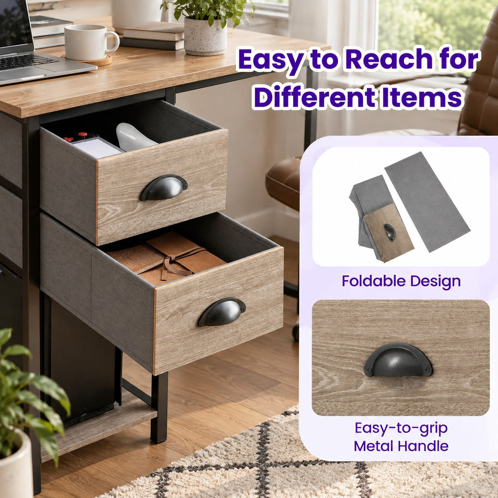 Airfind L Shaped Desk with Charging Station Corner Computer Desk with 2 Fabric Drawers, 110 lbs Capacity, Engineered Wood Metal Fabric Frame