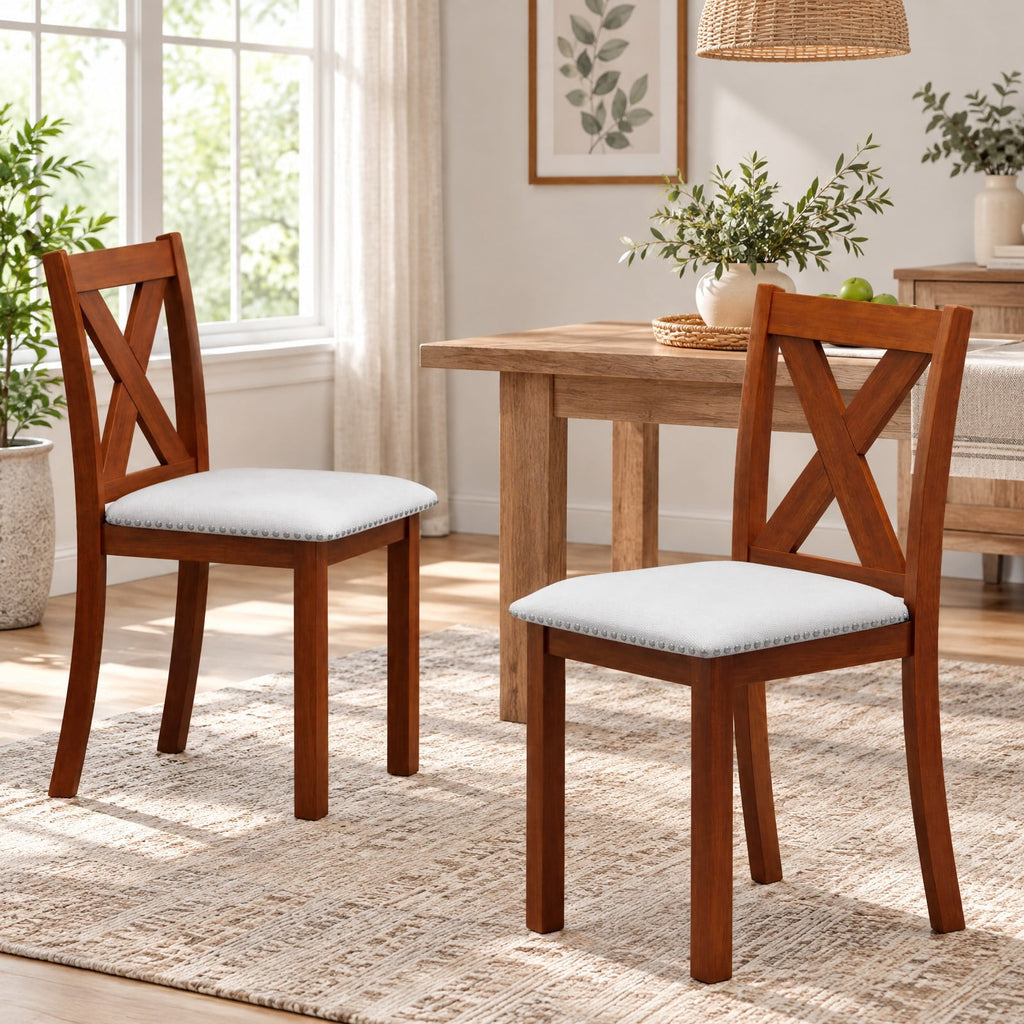 Airfind Wooden Dining Chair Set of 2 with Padded Seat and Curved Back, 420 lbs Capacity, Acacia Wood Plywood Linen Fabric Sponge Frame, Beige