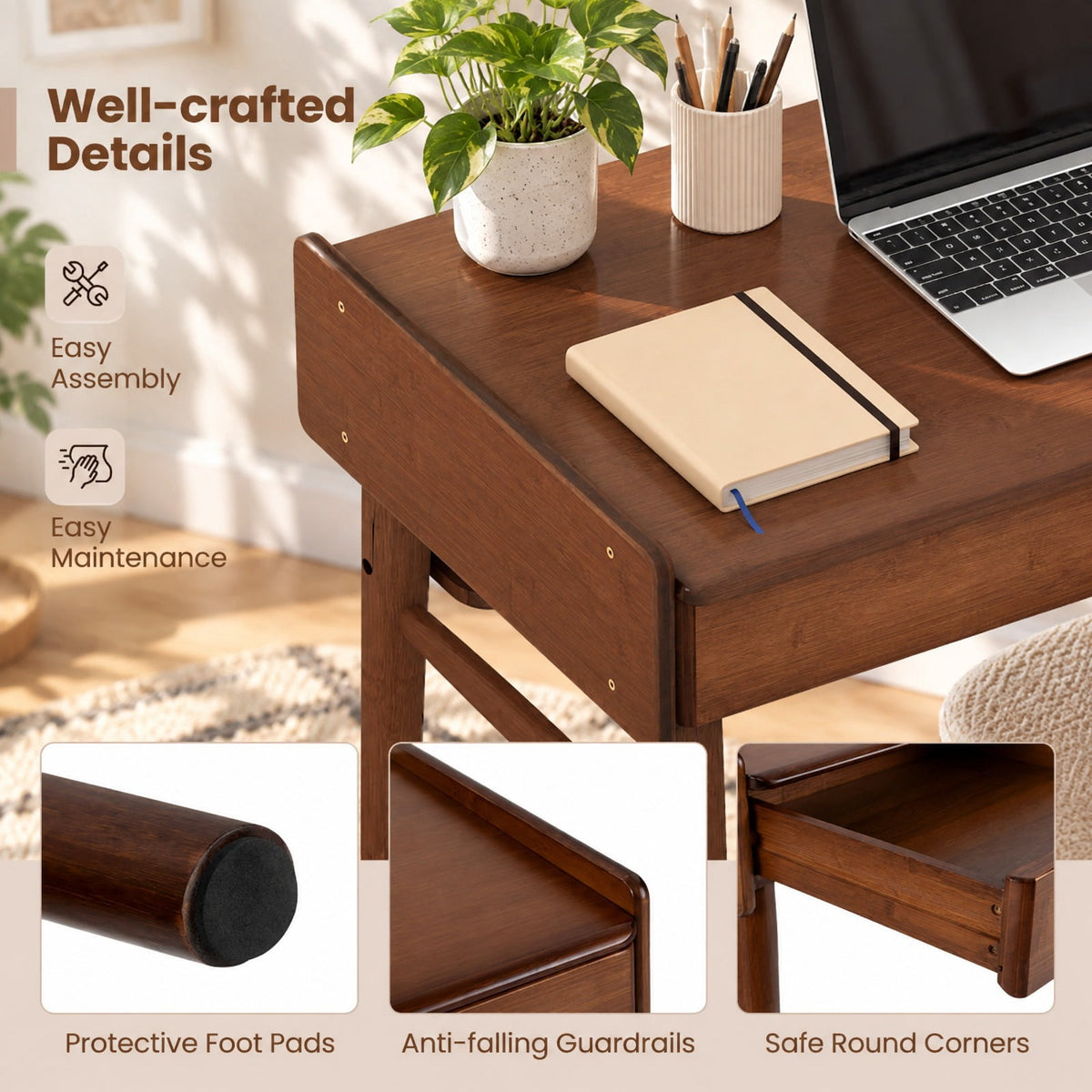 Airfind Bamboo Writing Desk with 2 Storage Drawers and Open Shelf, 110 lbs Capacity, Bamboo Frame, Walnut