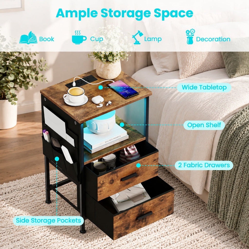 Airfind End Table with Charging Station Set of 1 Nightstand with 2 Folding Fabric Drawers, 110 lbs Capacity, Rustic Brown + Black