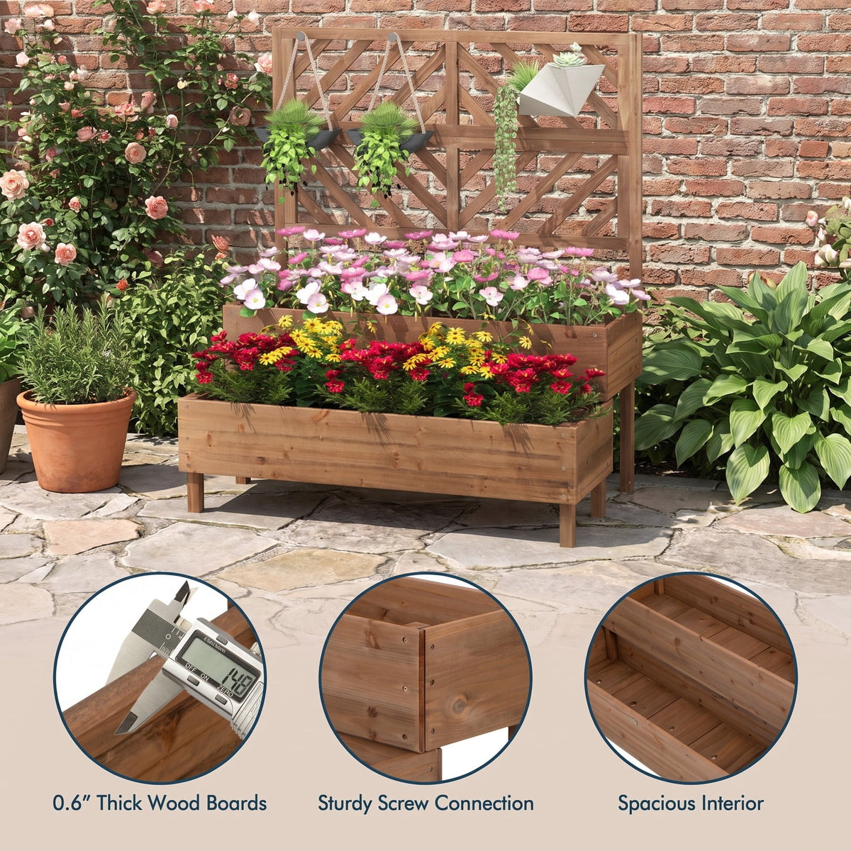 Airfind 2-Tier Raised Garden Bed with Trellis, Fir wood Frame, 43 x 24.5 x 53 (L x W x H) Interior Footprint, Brown