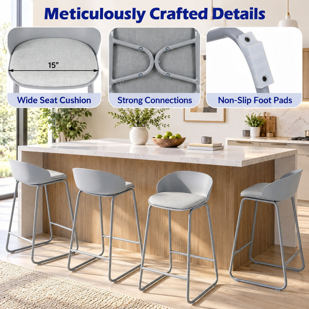 Airfind Set of 4 Counter Height Bar Stools with Curved Backrest and Metal Frame for Kitchen Dining, 330 lbs Capacity, Plastic Metal Frame, Gray