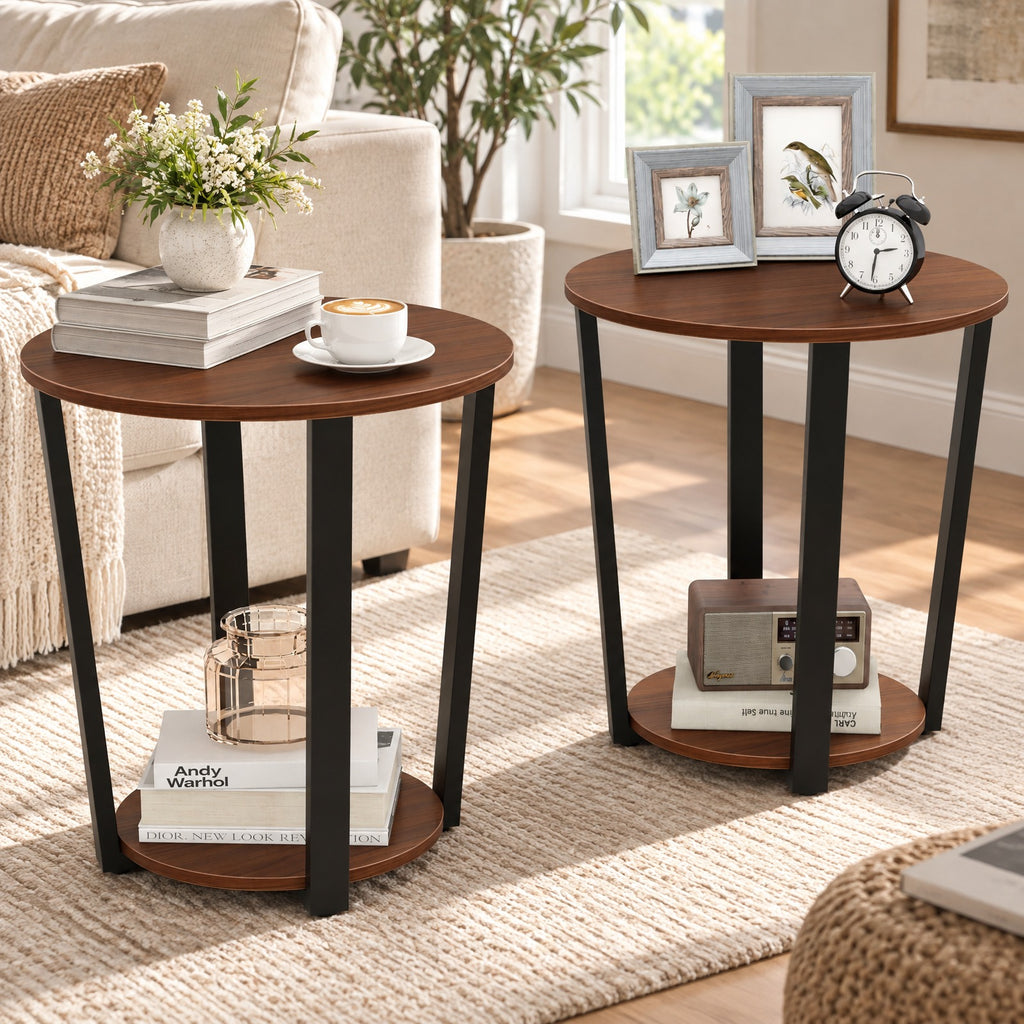 Airfind End Table, Round, with Open Shelf and Metal Frame, 66 lbs Capacity, Engineered Wood Metal Frame, 19.5 Inch x 19.5 Inch x 22.5 Inch Footprint, Walnut
