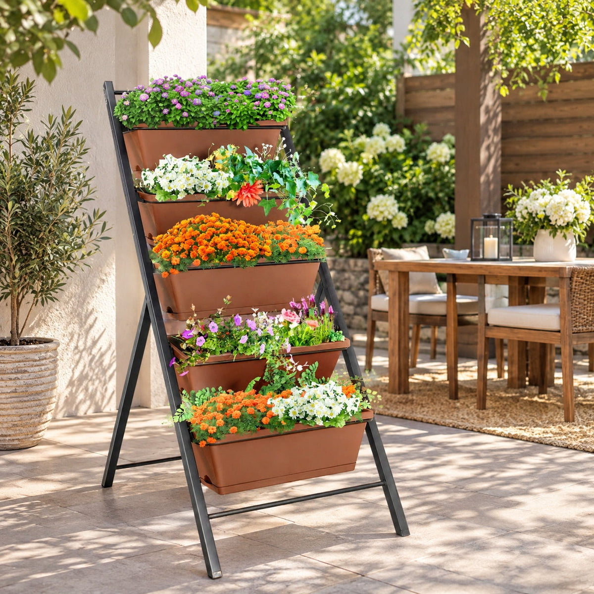 Airfind 5-tier Vertical Garden Planter Box Elevated Raised Bed with 5 Container, PP Iron Frame, 22.5 x 29 x 48.5 Footprint, Brown