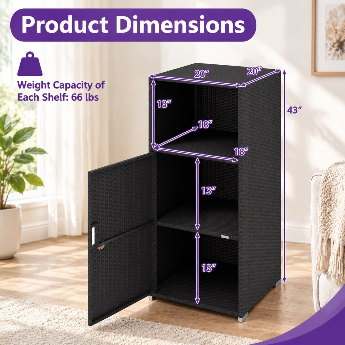 Airfind Outdoor PE Wicker Storage Cabinet with Door and Open Compartment for Patio, Shelf 66 lbs Capacity, PE Rattan Metal Frame, Black