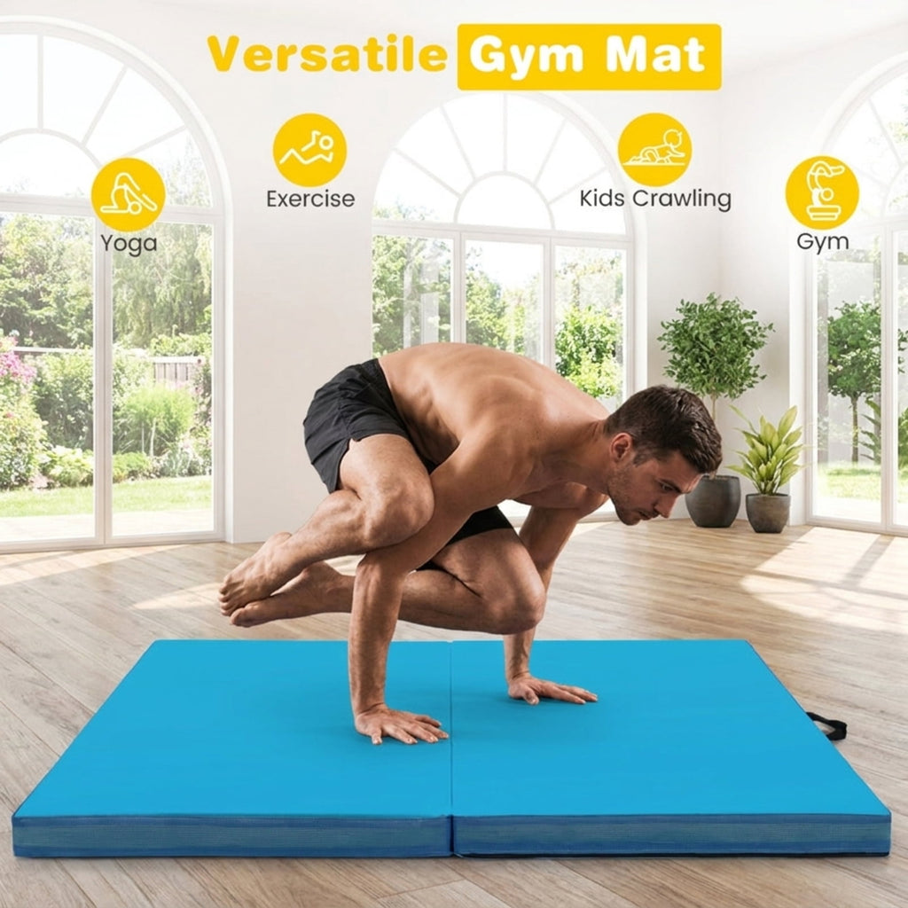 Airfind 4 x 4 FT Bi-Folding Gymnastic Tumbling Mat with Carry Straps and Washable Cover, 4 Inch Thick Foam Exercise Mat, Blue
