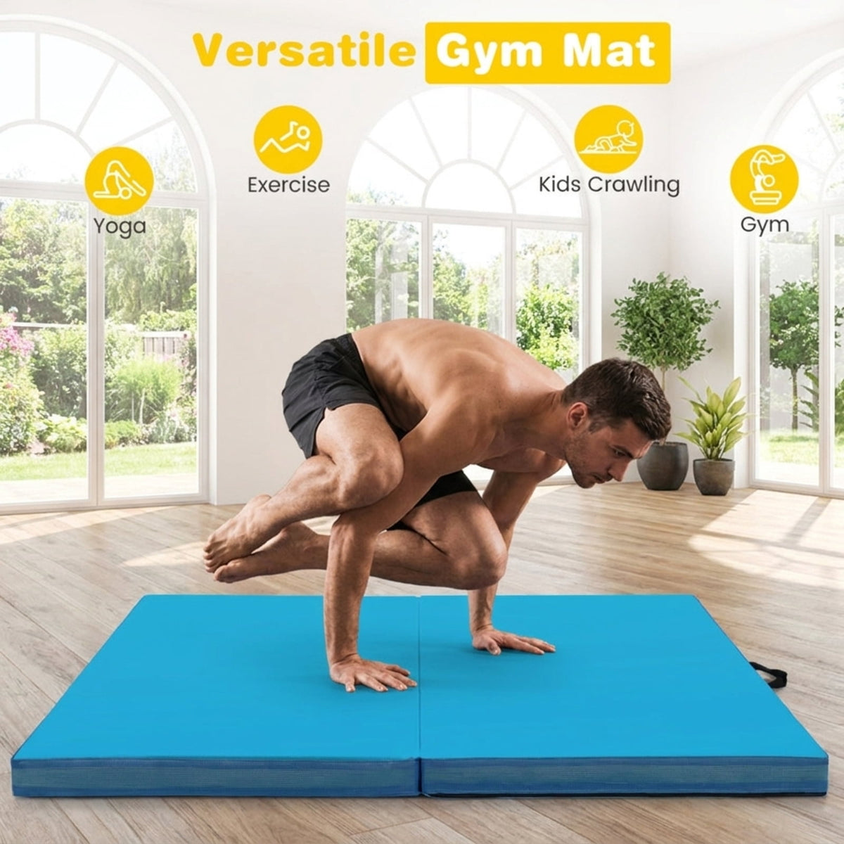 Airfind 4 x 4 FT Bi-Folding Gymnastic Tumbling Mat with Carry Straps and Washable Cover, 4 Inch Thick Foam Exercise Mat, Blue