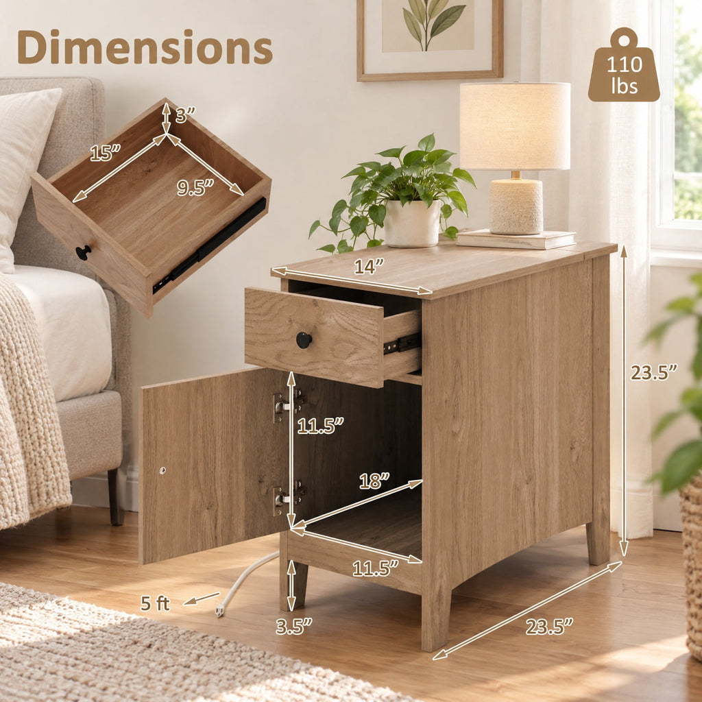 Airfind Flip Top End Table with Charging Station USB Ports Outlets and Drawer, 110 lbs Capacity, Engineered Wood MDF Frame, Natural