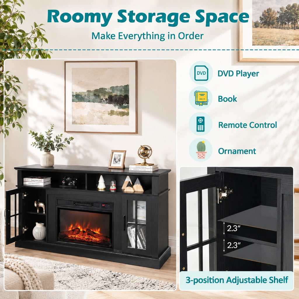 Airfind Fireplace TV Stand for TVs Up to 65 Inch with Side Cabinets and Remote Control, 66 lbs Capacity, Engineered wood Frame, Black