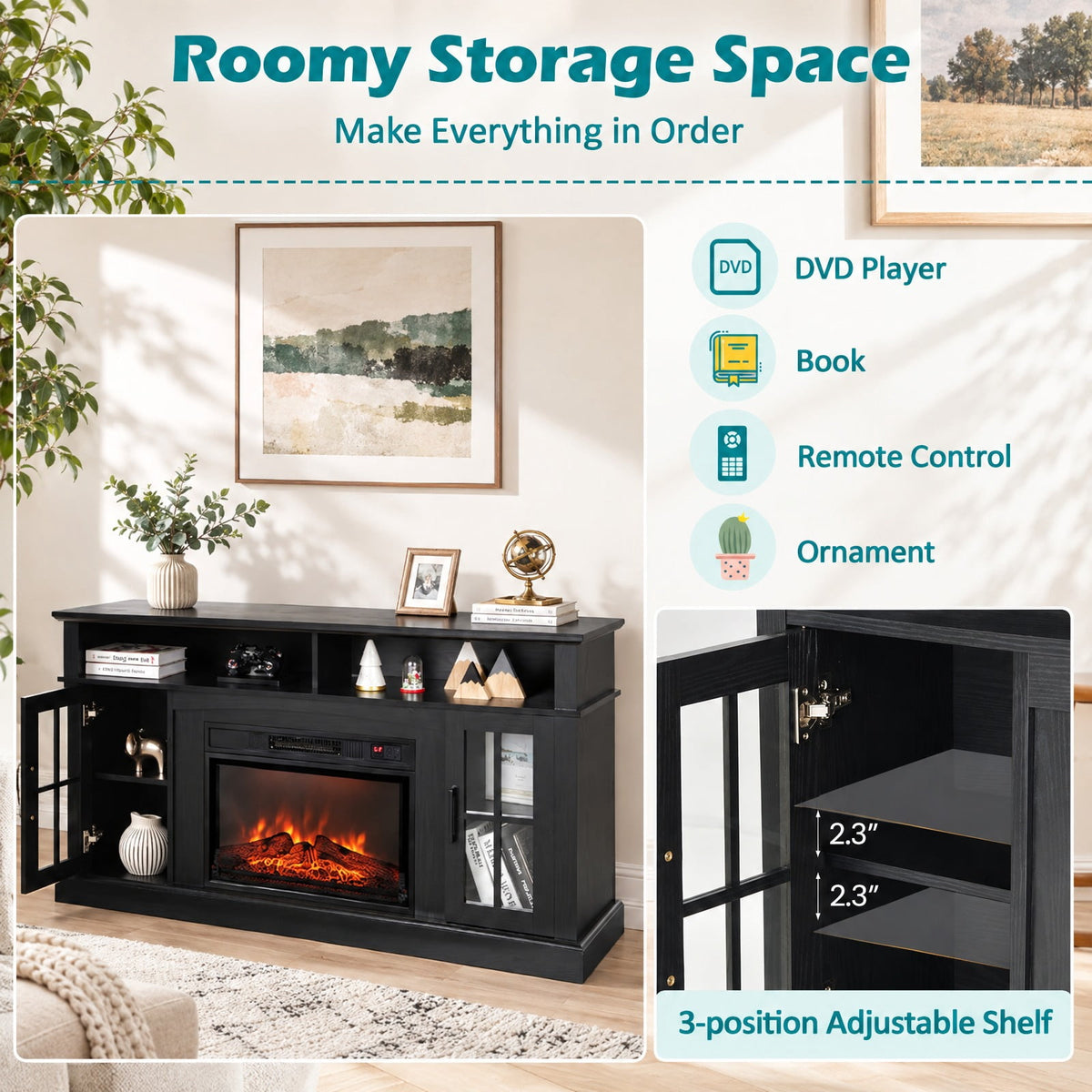 Airfind Fireplace TV Stand for TVs Up to 65 Inch with Side Cabinets and Remote Control, 66 lbs Capacity, Engineered wood Frame, Black