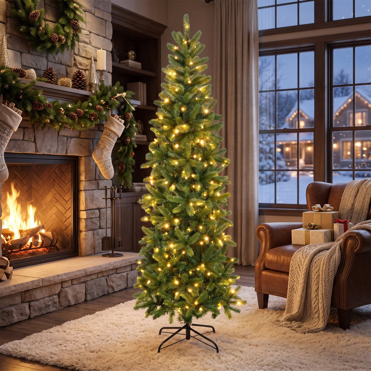 Airfind 6 Feet Pre-Lit Artificial Christmas Pencil Tree with 648 PVC PE Branch Tips, PVC PE metal Frame, 29.13 x 29.13 x 70.87 inch Footprint, Green