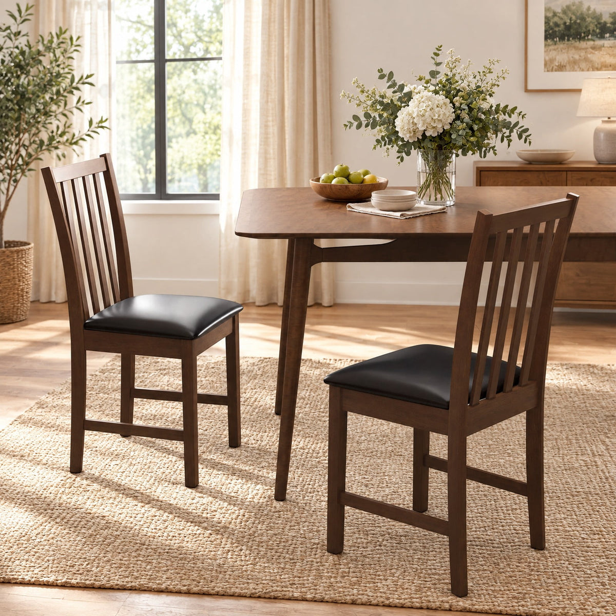 Airfind Wooden Dining Chair Set of 2 with Rubber Wood Frame and Padded Seat, Chair 330 lbs Capacity, Rubber Wood MDF Sponge PVC Leather Frame, Brown