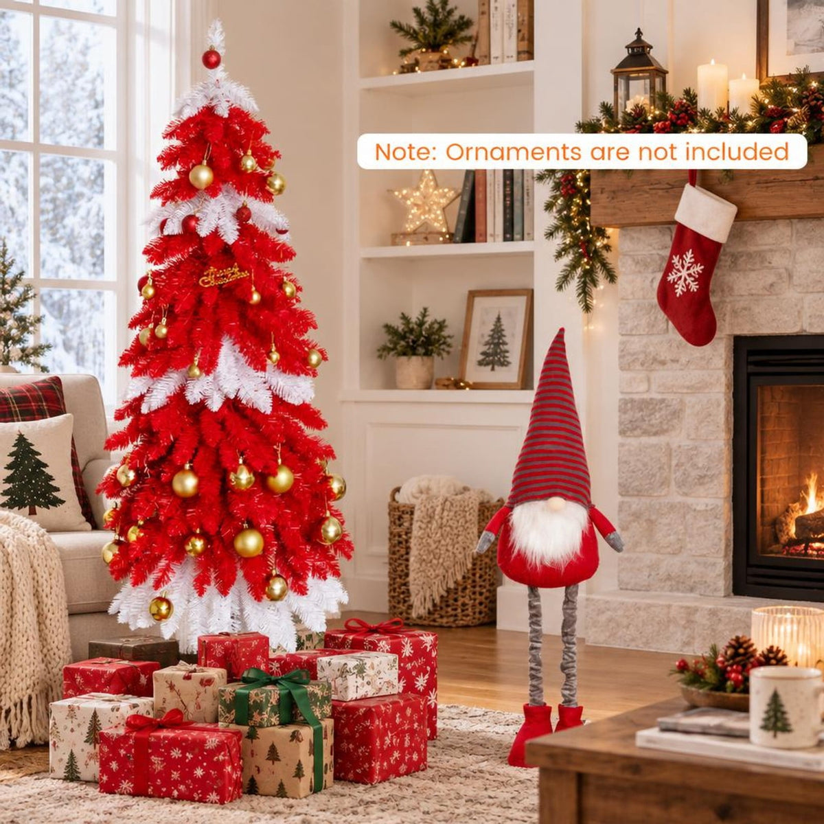 Airfind 5 FT Artificial Christmas Tree Pre-lit Xmas Trees with 301 Red and White Branch Tips, PVC Metal Tree Height 5 ft Tree Width 24in Base Frame