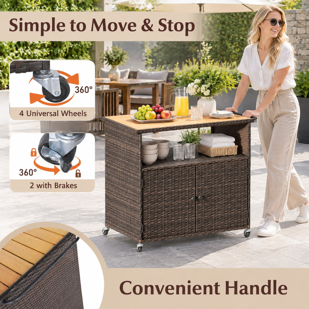 Airfind Outdoor Storage Cabinet with Acacia Wood Top and Lockable Wheels, 180 lbs Capacity, PE Rattan Acacia Wood Metal Frame, Brown
