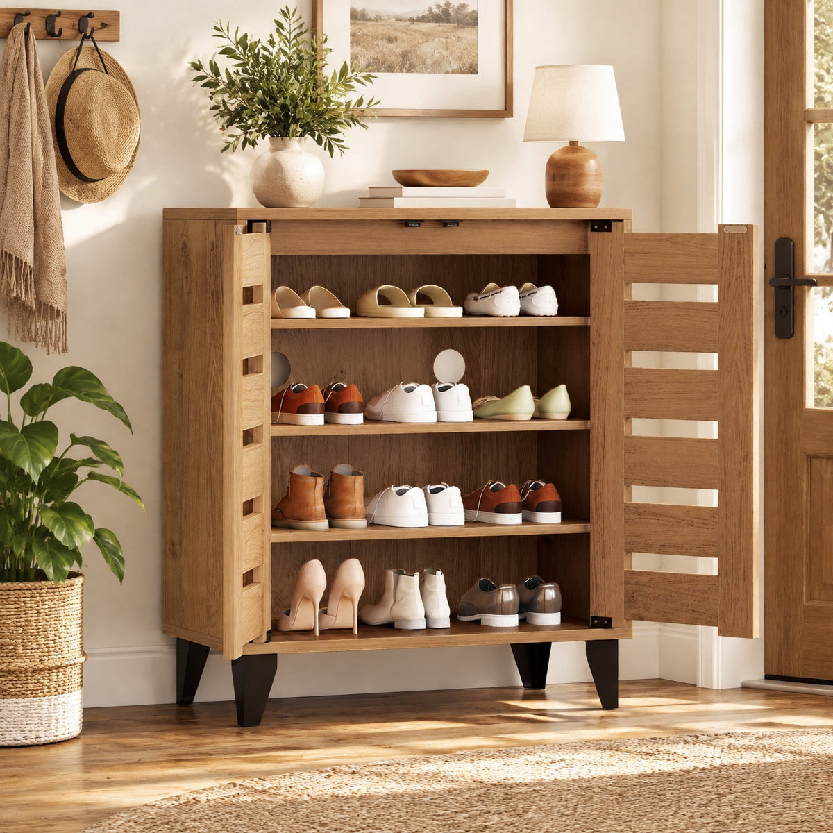 Airfind 4-Tier Farmhouse Shoe Organizer with Louvered Door, 110 lbs Capacity, MDF Engineered Wood Plastic Frame, 24 x 13 x 28 Footprint, Natural