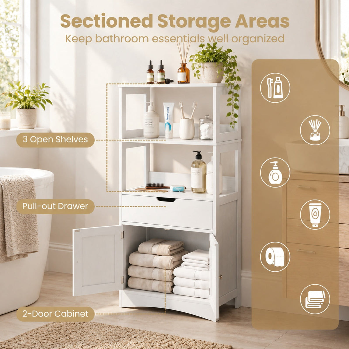 Airfind Bathroom Storage Cabinet with Open Shelves and Drawer, 110 lbs Capacity, Engineered Wood Frame, 24in x 13in x 48in Footprint, White
