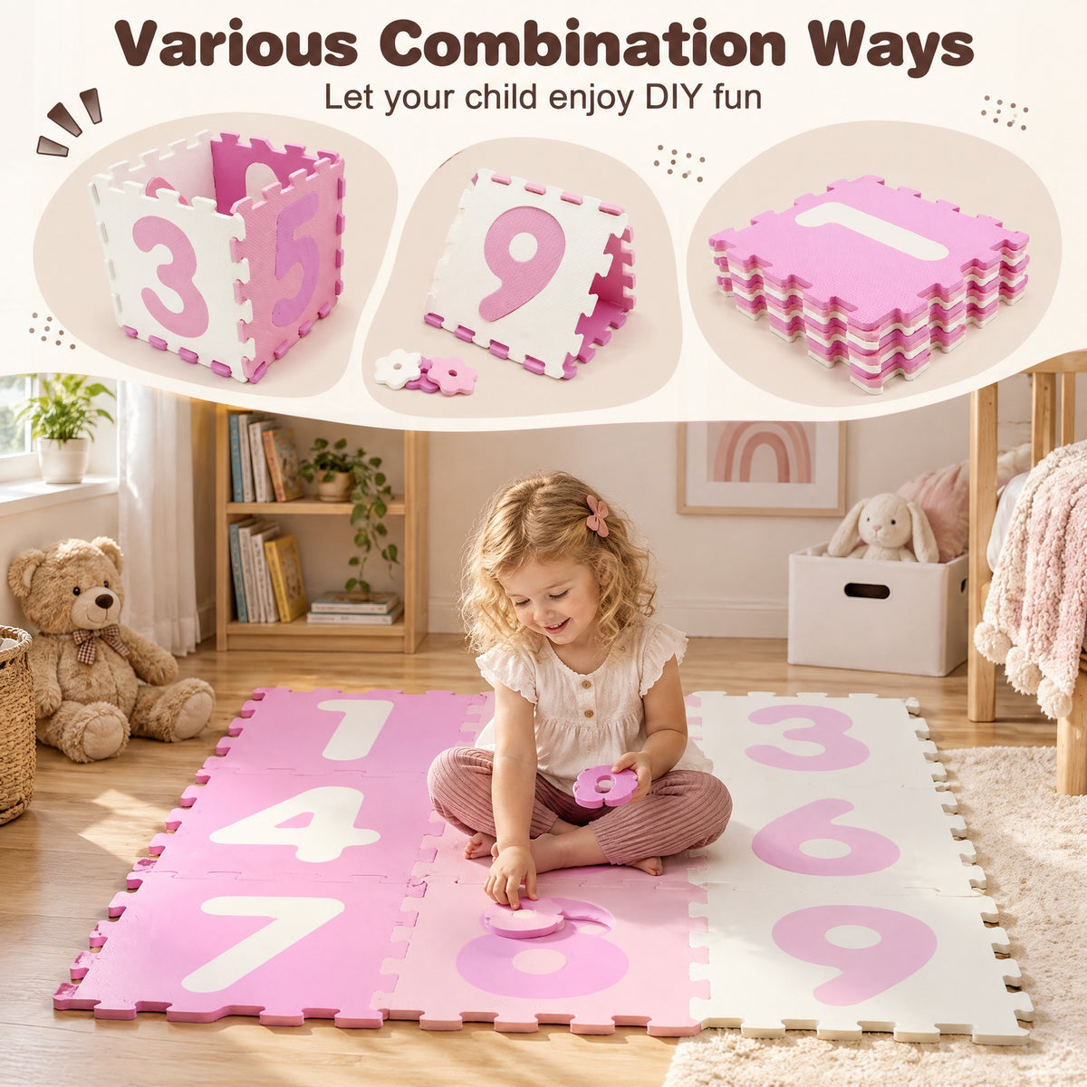 Airfind 9 Pieces Interlocking Foam Puzzle Floor Mat with 3 Marker Discs, EVA Foam Single Piece Frame, for 10 Months+, 71.5 Inch x 24.5 Inch Footprint