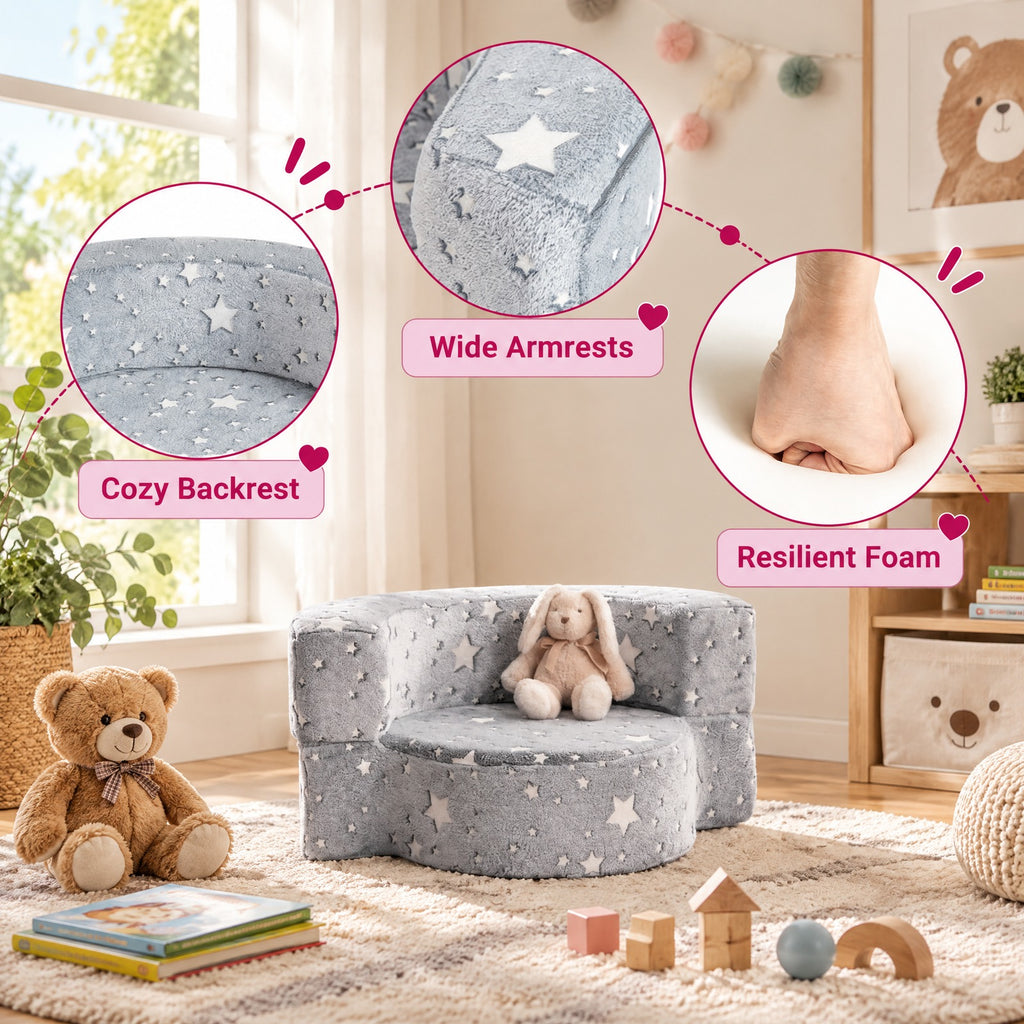 Airfind 2-in-1 Toddler Chair Glow in the Dark Kids Couch with Cover Convertible Sofa, Flannel Fabric Foam Frame, for 3+ Years Old, Gray