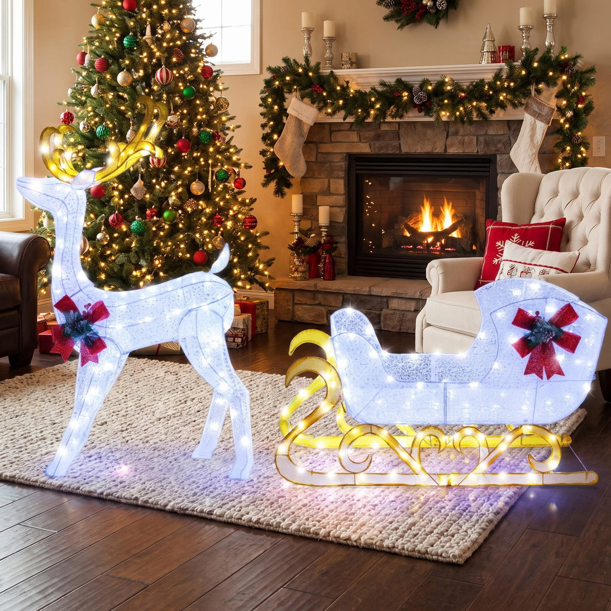 Airfind 6 Feet Christmas Lighted Reindeer and Santas Sleigh Decoration with 4 Stakes, Steel tinsel Frame, 19.5 x 72.5 x 48.5 Footprint, White
