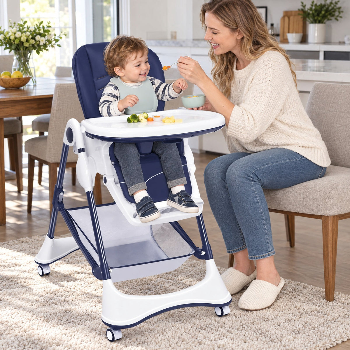 Airfind A-Shaped High Chair with 4 Lockable Wheels, 50 lbs Capacity, Iron Frame, for 0-36 months, 22 x 26 x 32 Footprint, Navy