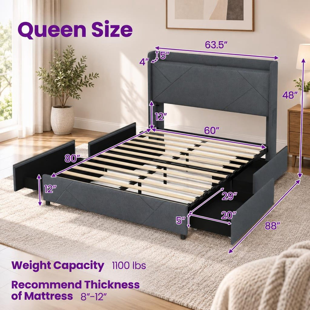 Airfind Full/Queen Size Bed Frame with LED Lights and Charging Station, 1100 lbs Capacity, 82.5 x 57 x 48 Bed Platform 75 x 54.5 Footprint