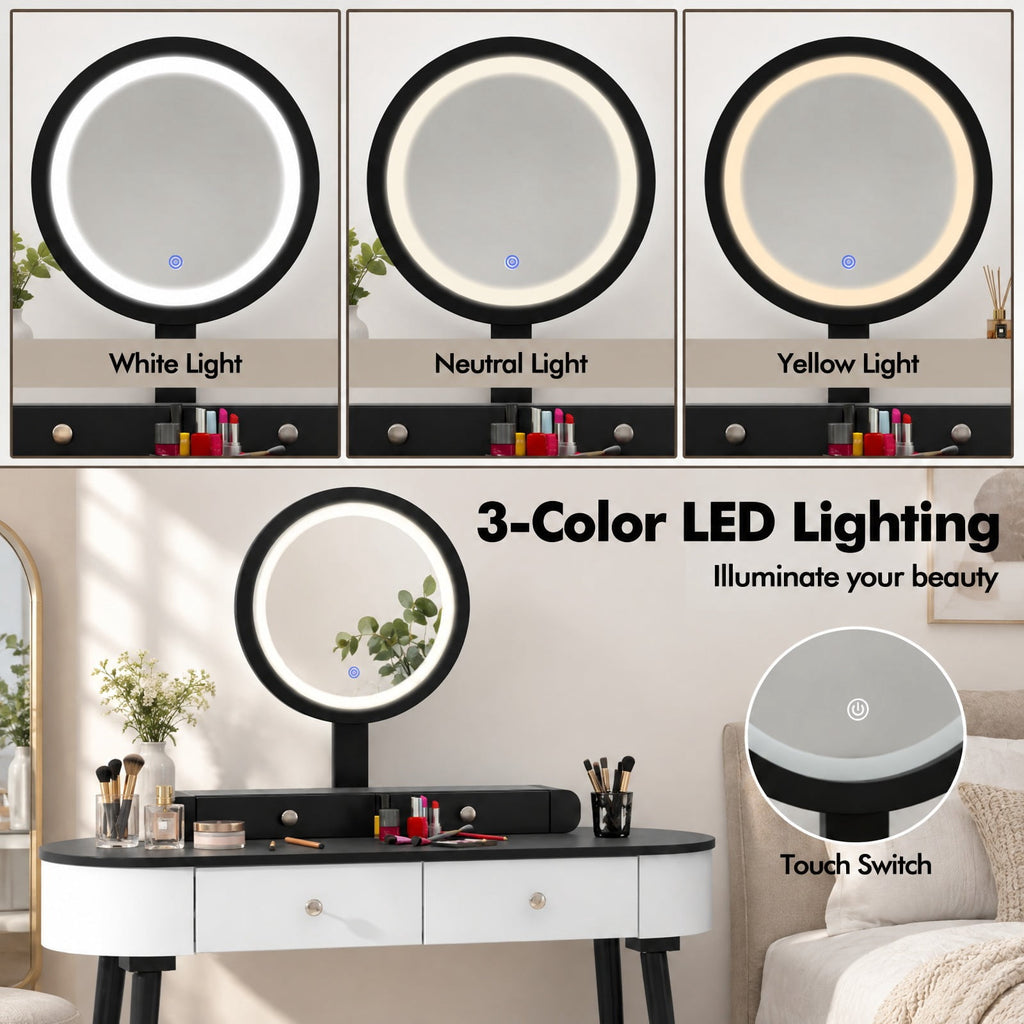 Airfind Makeup Vanity Table Set with LED Mirror and 3 Spacious Drawers, 170 lbs Capacity, MDF Frame, 47 Inch x 16.5 Inch x 56 Inch Footprint, White