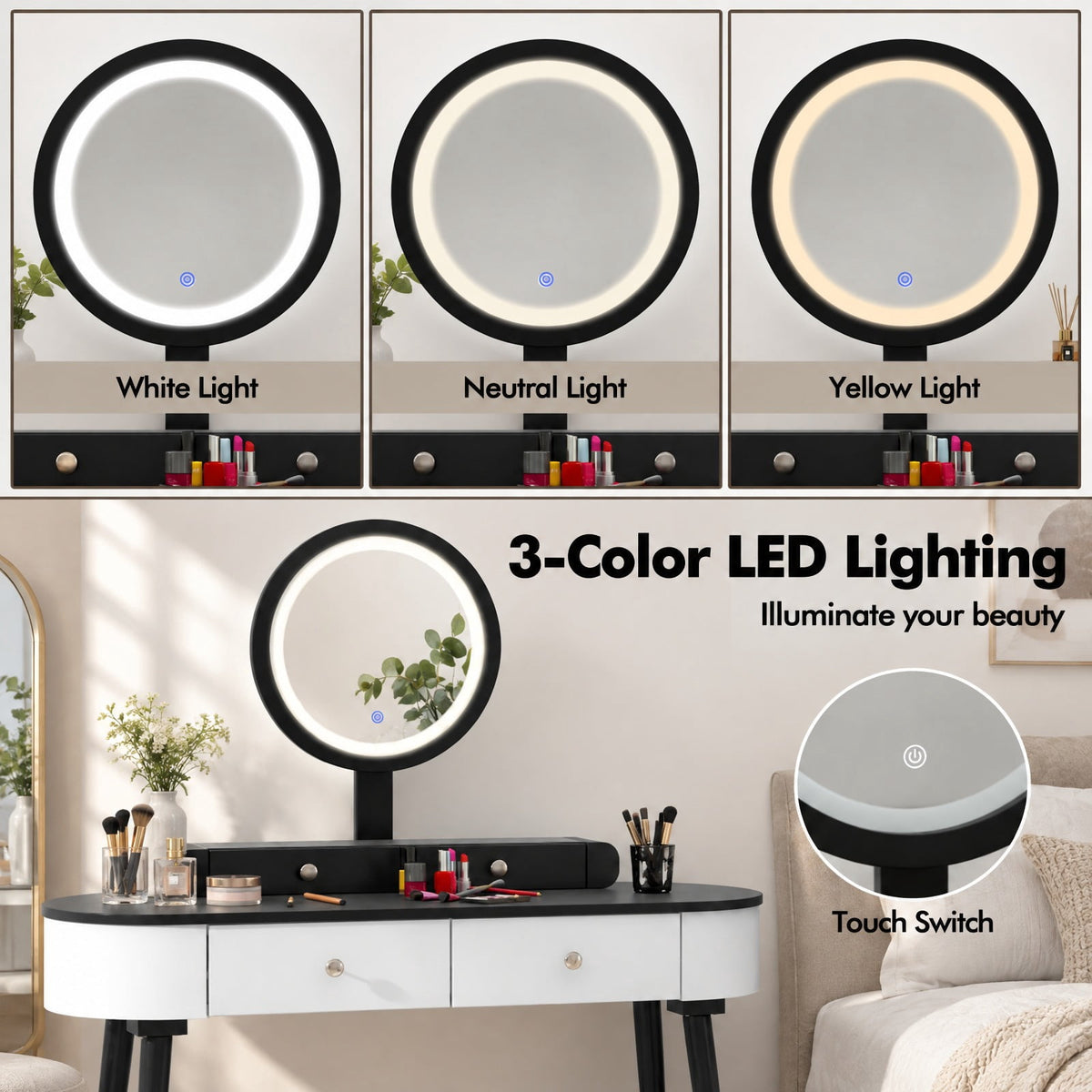 Airfind Makeup Vanity Table Set with LED Mirror and 3 Spacious Drawers, 170 lbs Capacity, MDF Frame, 47 Inch x 16.5 Inch x 56 Inch Footprint, White