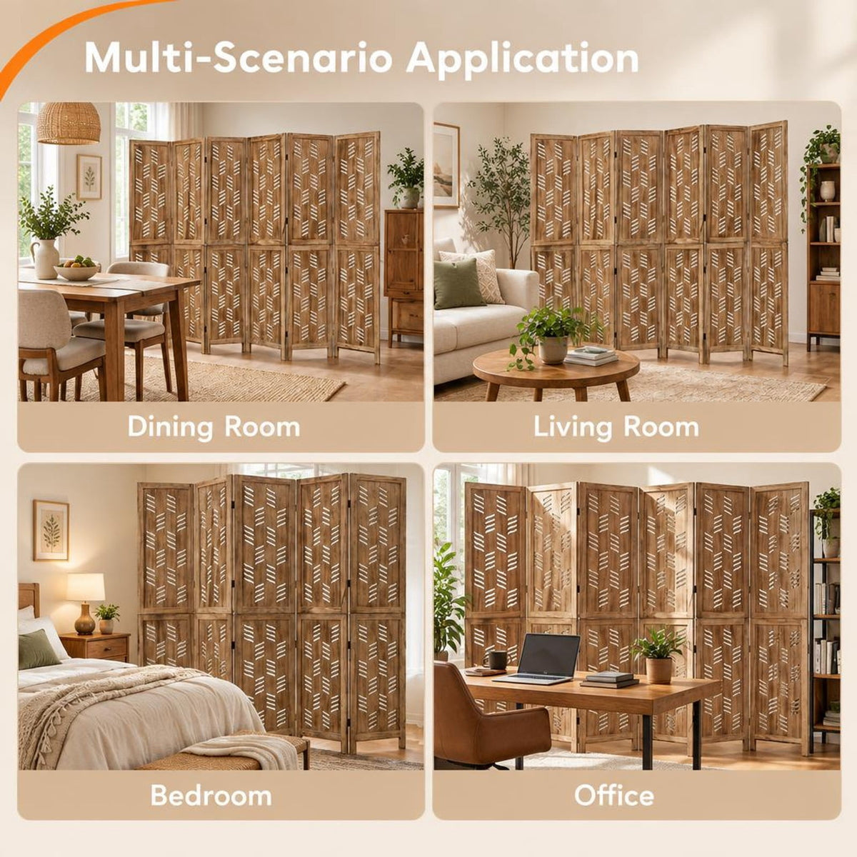 Airfind 5.5 FT Tall Room Divider 6 Panels with Wave Cutout and Paulownia Frame for Room, Paulownia Wood Metal Frame, 95in x 67in Footprint, Brown