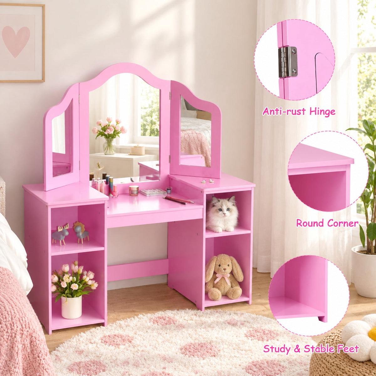 Airfind Kids Tri Folding Mirror Makeup Dressing Vanity Table Set, 220 lbs Capacity, MDF Plastic mirror Weight: 45 lbs Frame, Pink