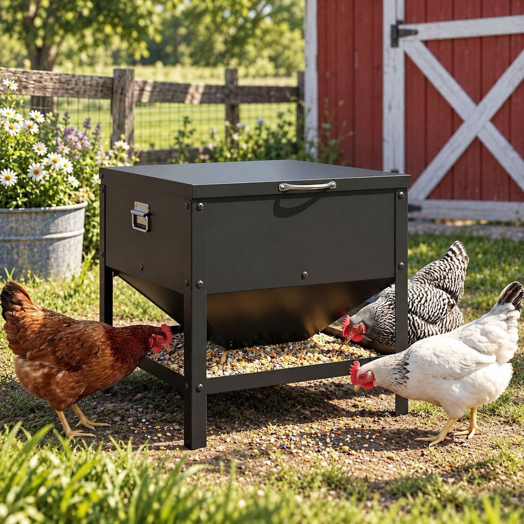 Airfind Large Capacity Chicken Feeding Box with Openable Lid, Galvanized Metal Stainless Steel for Convenient Everyday Use, Black