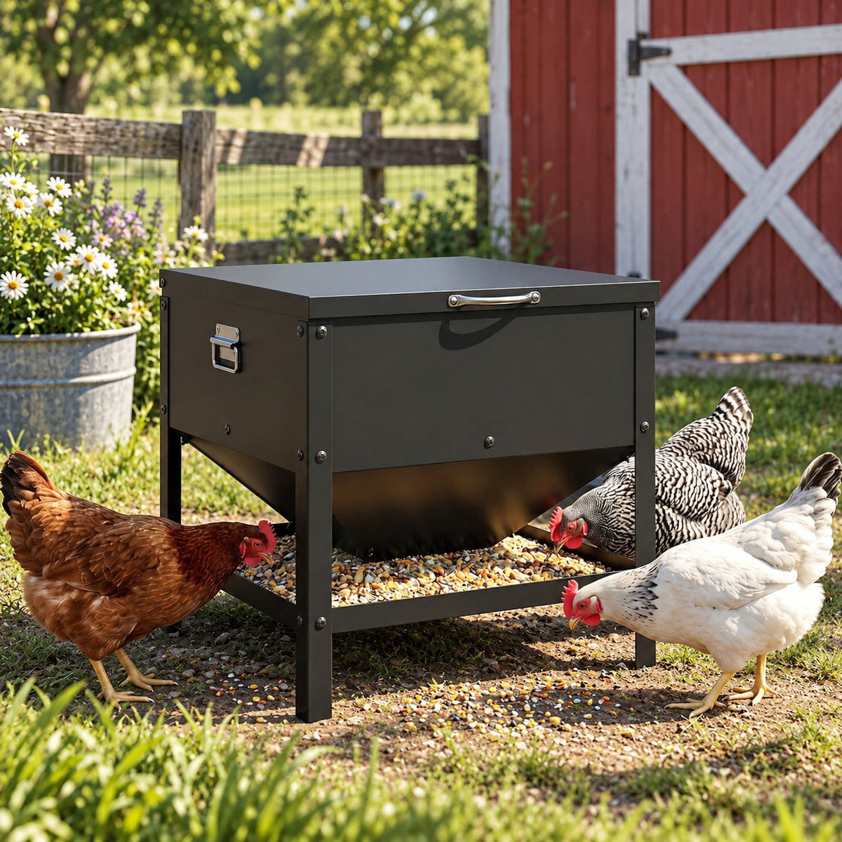 Airfind Large Capacity Chicken Feeding Box with Openable Lid, Galvanized Metal Stainless Steel for Convenient Everyday Use, Black