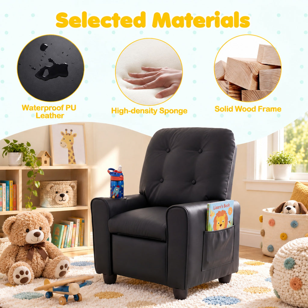 Airfind Youth Recliner Chair with Cup Holder, Side Pocket and Push-Back Footrest, PU Upholstery with Wood, Foam, PU Upholstery, and Metal, Black
