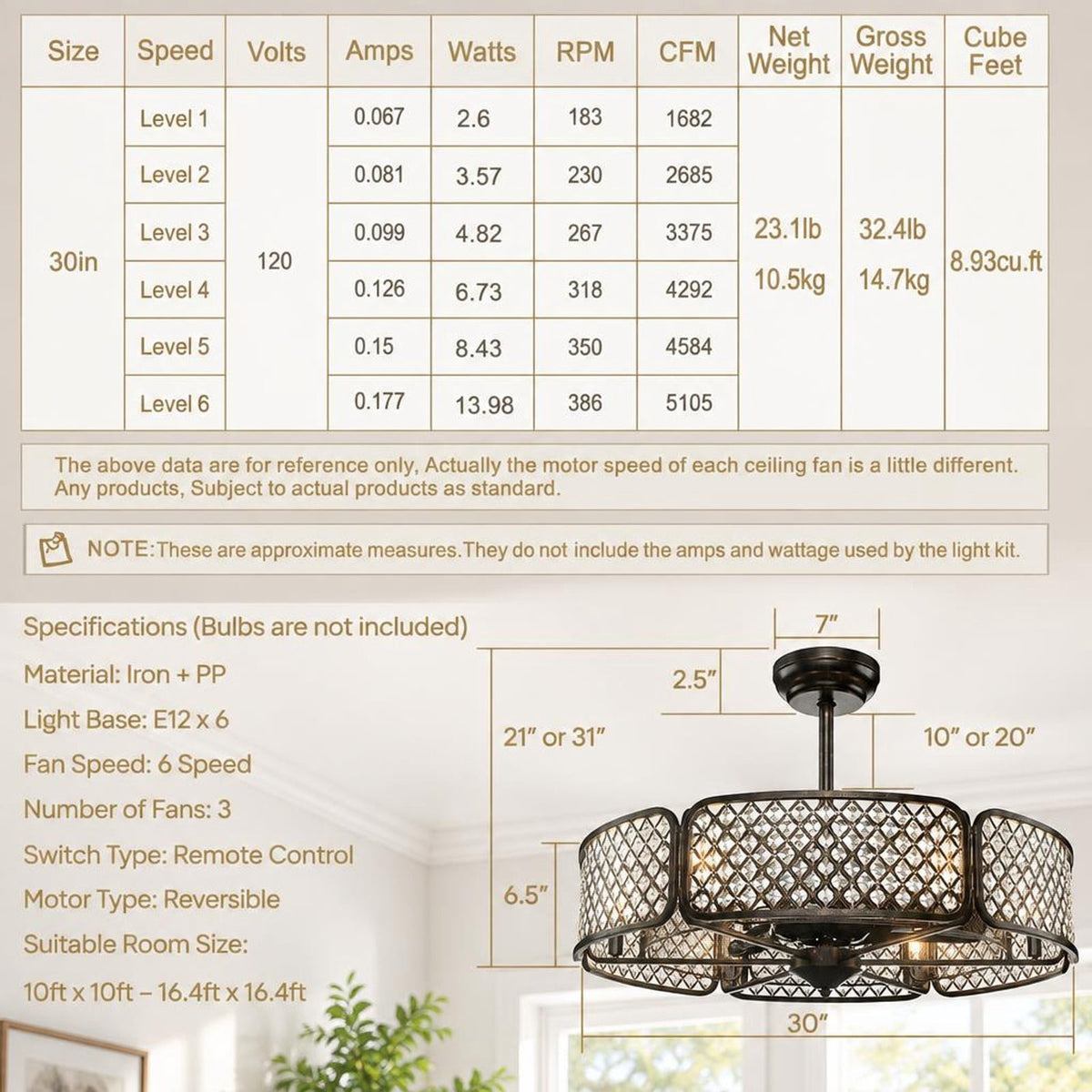 Airfind 30 Inch Caged Ceiling Fan with Light Crystal Lampshade 6 Light Bases, Iron Pp, Overall Dimension 30 Inch X 21 Inch or 31 Inch (d X, Brown