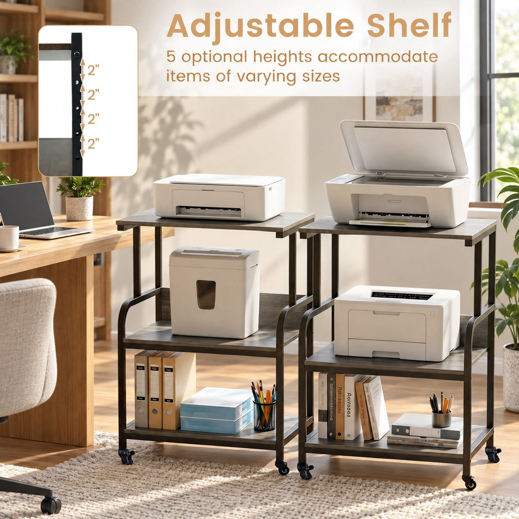 Airfind 3-Tier Rolling Printer Stand with Adjustable Shelf and Lockable Wheels, 44 lbs Capacity, Metal Engineered Wood Frame, Oak
