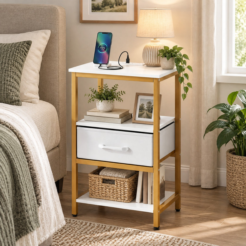 Airfind Nightstand with Charging Station and Adjustable Fabric Drawer for Bedroom and Living Room-1 Piece, 44 lbs Capacity, White and Gold