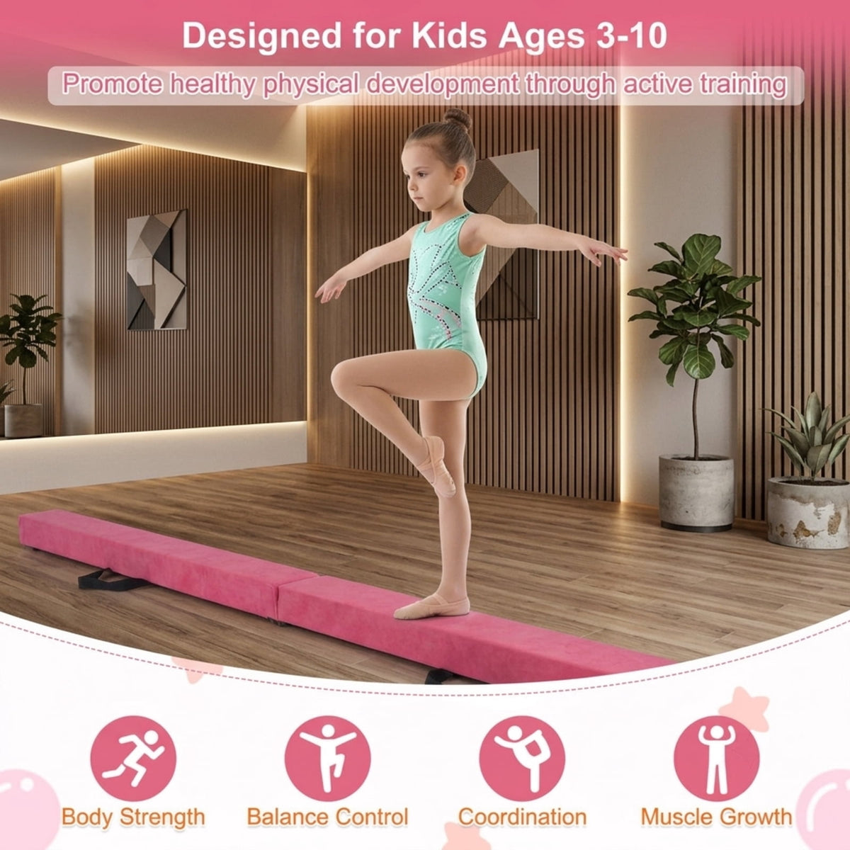 Airfind 7 Feet Folding Portable Floor Balance Beam with Suede Cover and Anti Slip Base for Kids Gymnastics Training at Home, Pink