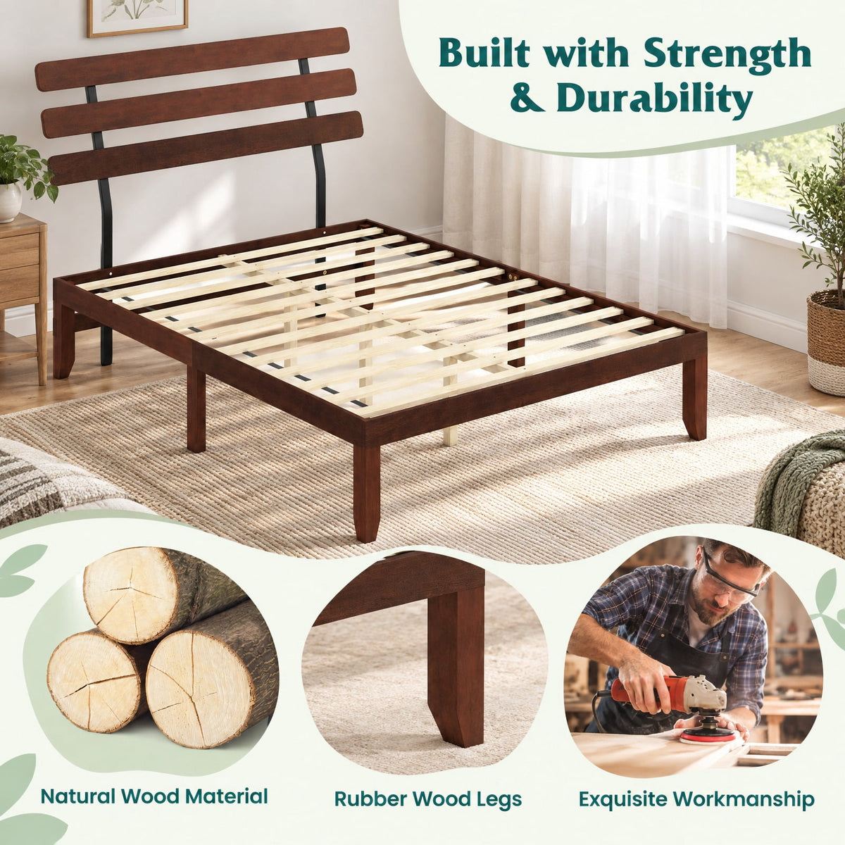 Airfind Queen Size Bed Frame 15.5 Inch Solid Wood Platform Bed with Retro Headboard, 550 lbs Capacity, Plywood Rubber Wood Metal Frame, Wood