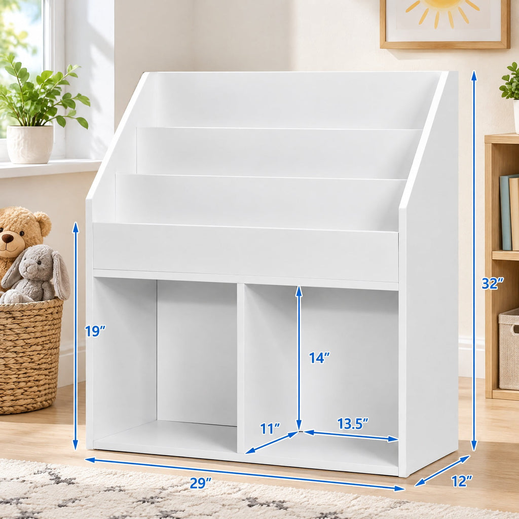 Airfind Kids Wooden Bookshelf Bookcase Children Toy Storage Cabinet Organizer, Engineered wood Frame, 29in x 12in x 32in Footprint, White