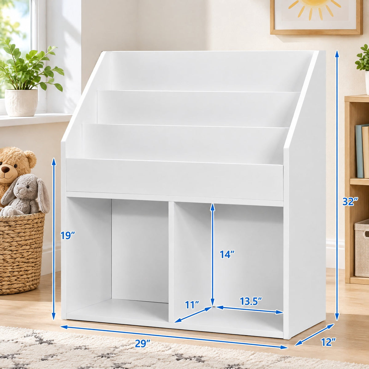 Airfind Kids Wooden Bookshelf Bookcase Children Toy Storage Cabinet Organizer, Engineered wood Frame, 29in x 12in x 32in Footprint, White