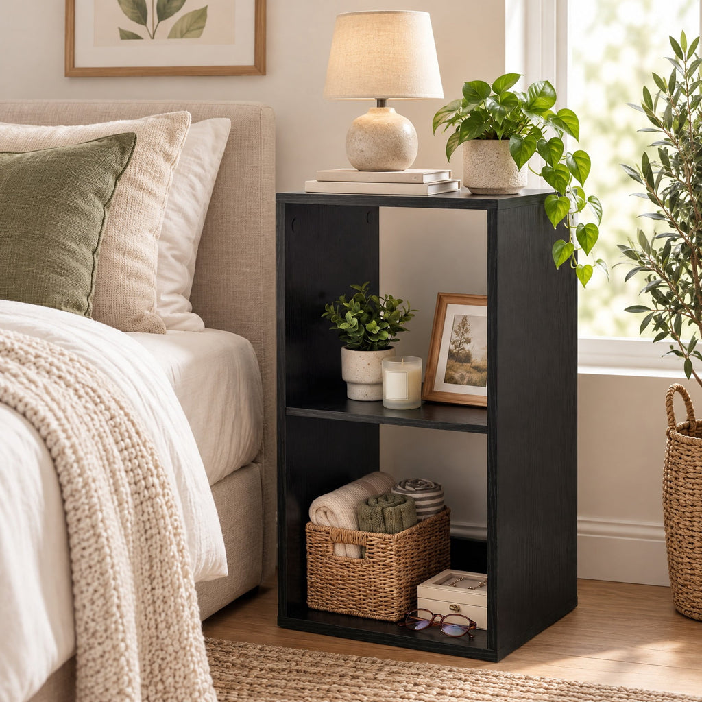 Airfind 2 Cube Bookshelf with Back Guardrail for Living Room Bedroom, Engineered Wood Frame, 14 Inch x 13 Inch x 27.5 Inch Depth of Bottom Shelf 12 Inch Footprint
