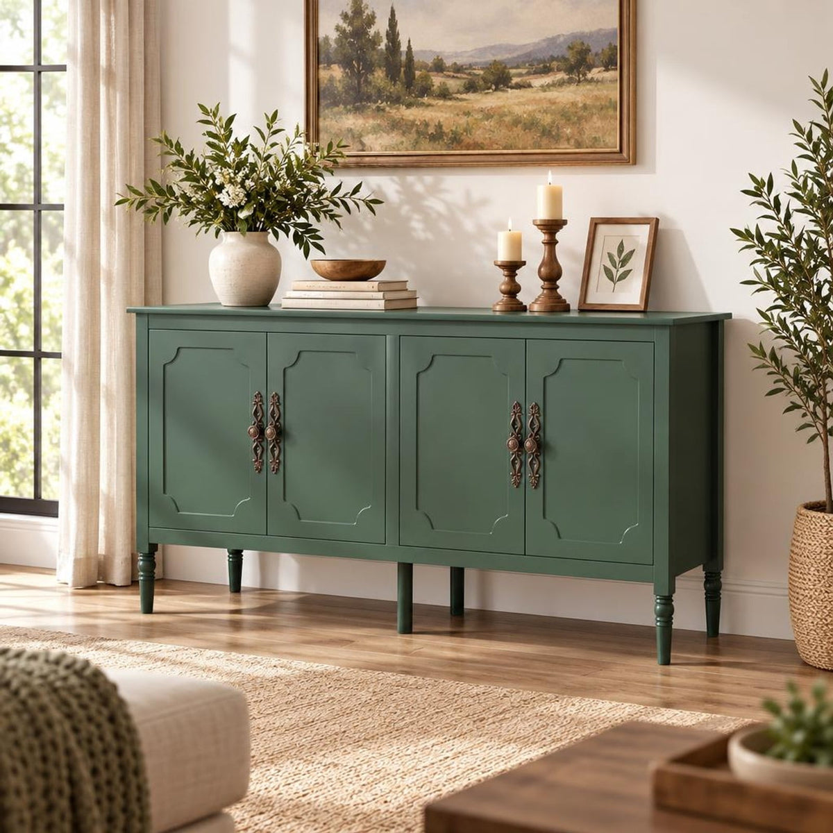 Airfind 58 Vintage Buffet Cabinet with Pine Wood Legs and Adjustable Shelves for Kitchen, 150 lbs Capacity, Engineered Wood Pine Wood Metal Frame