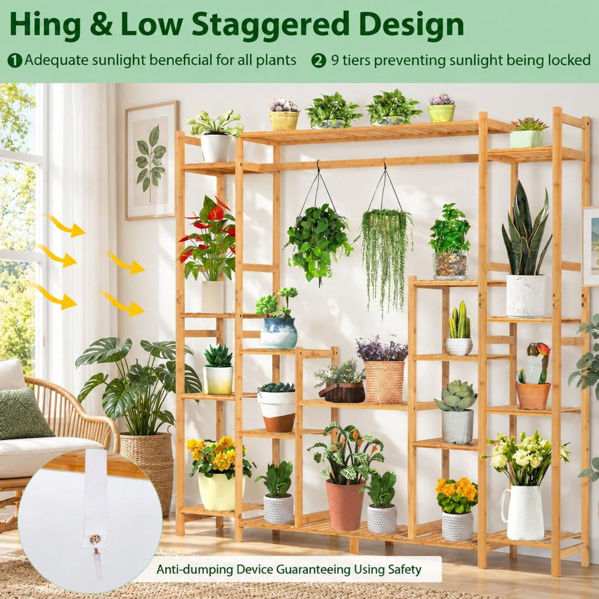 Airfind 9, Bamboo Frame, 66 X 12 X 65.5 (L x W x H) Load capacity of each shelf: 22 lbs Load capacity of hanging rack: 11-22 lbs Footprint