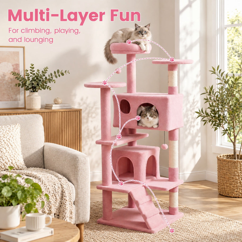 Airfind 52 Inch Tall Cat Tree Tower for Indoor Cats, 22 lbs Capacity, Engineered Wood Sponge Plush Fabric Sisal Frame, Pink