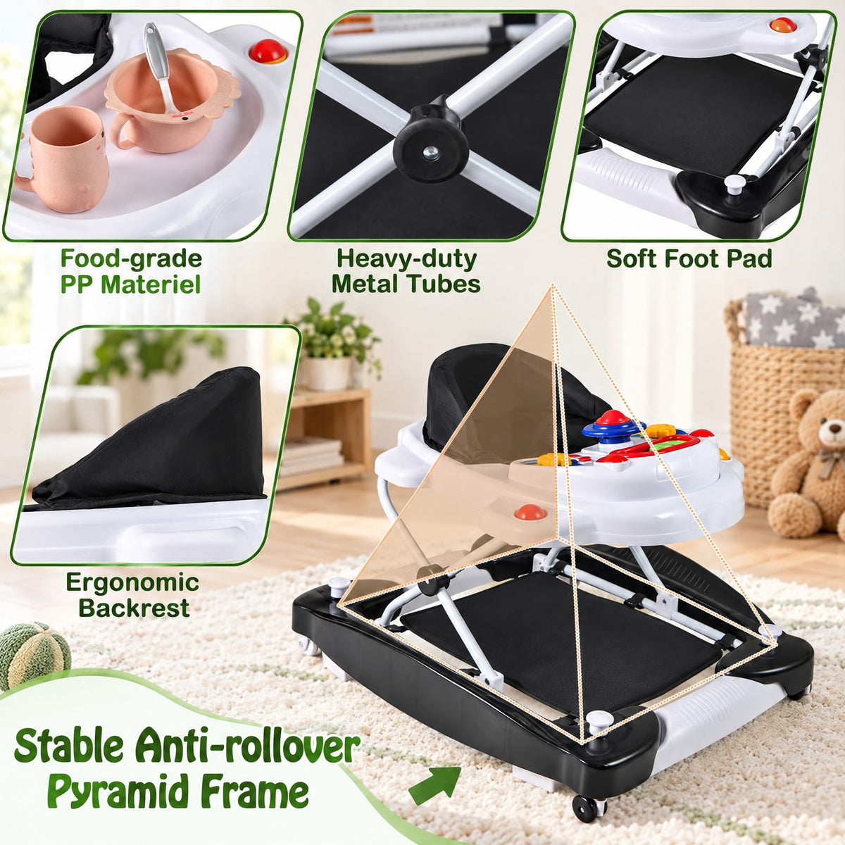 Airfind 6-in-1 Foldable Youth Walker featuring Adjustable Height, 26.5 lbs Capacity, PP Frame, for 6-14 Months, 28 Inch x 24 Inch x 19.5 Inch, Black