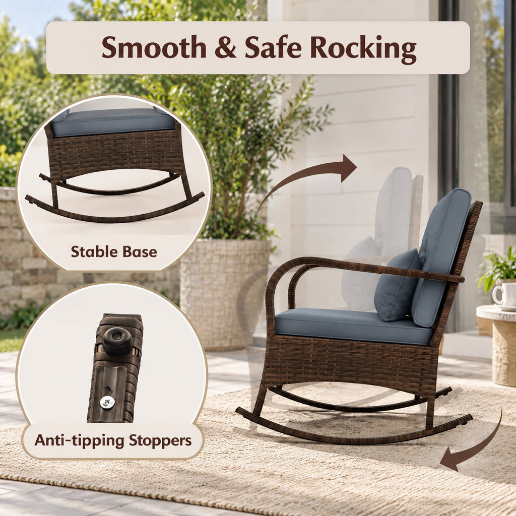 Airfind 3 Piece Outdoor Rocking Set with Tempered Glass Coffee Table for Backyard Poolside, PE Rattan Metal Tempered Glass Polyester Sponge Frame