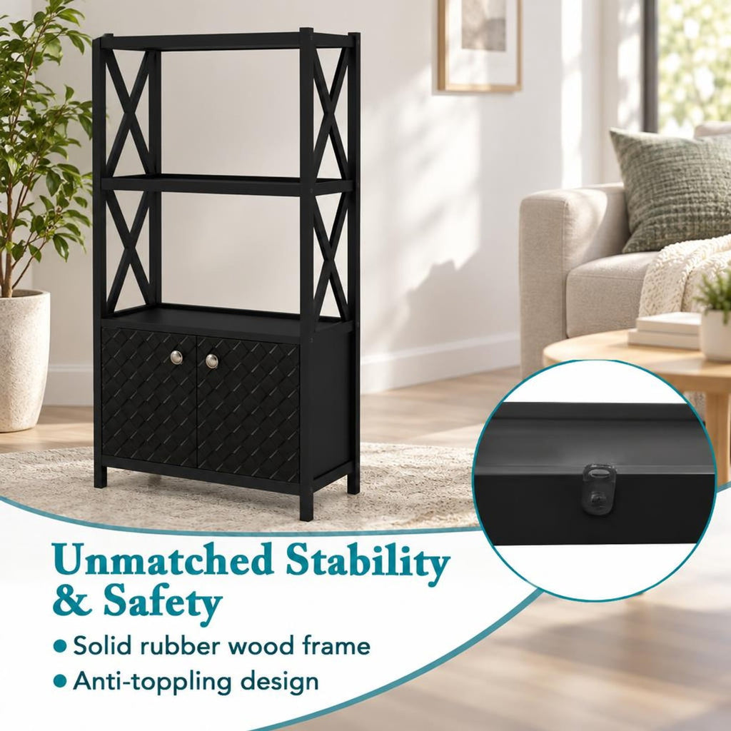 Airfind Bathroom Storage Cabinet with Open Shelves and Double Doors, 88 Lbs Capacity, Rubber Wood Mdf, 25 Inch X 12 Inch X 47 Inch, Black