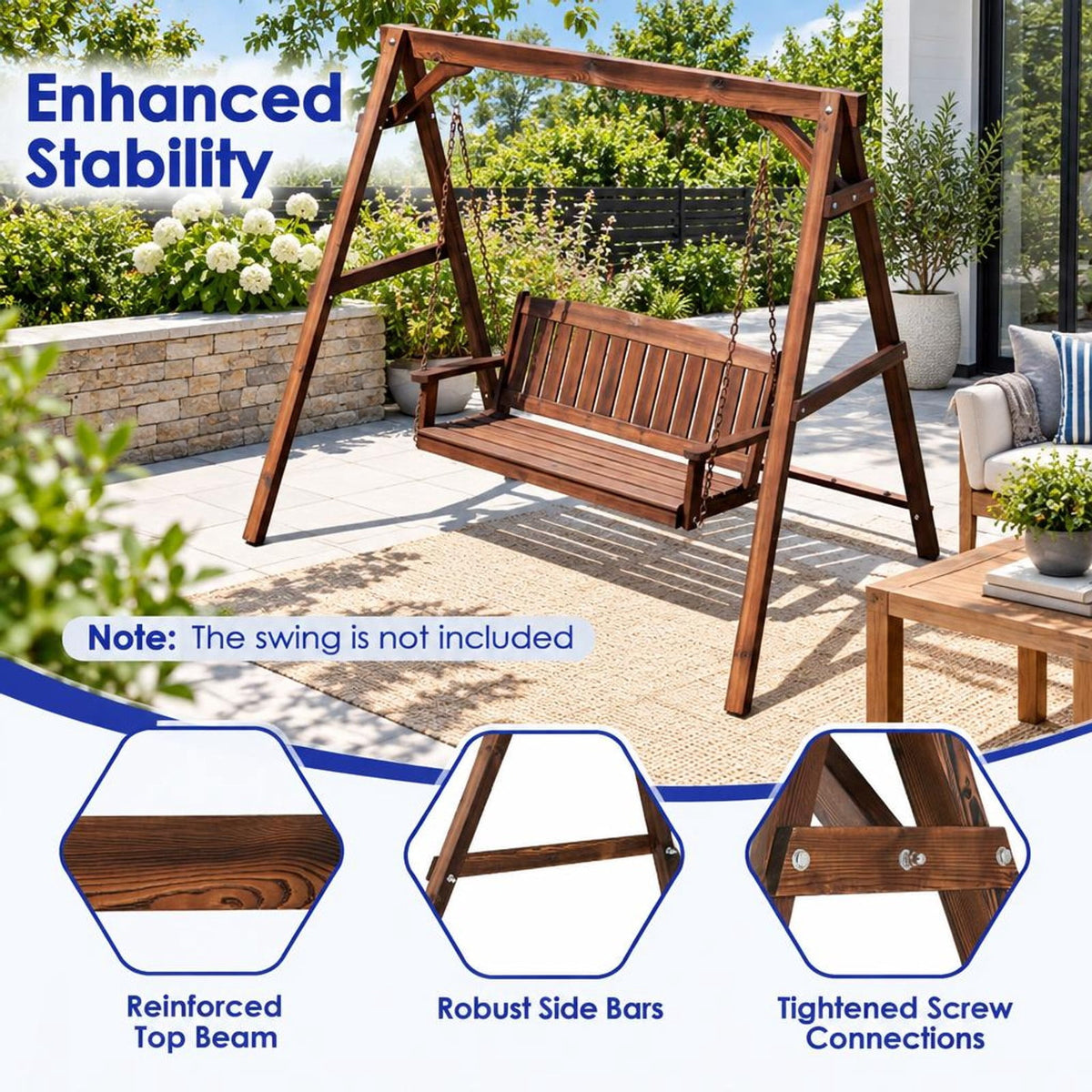 Airfind Heavy-Duty Carbonized Fir Wood Swing Frame with Reinforced Bars and 2 Hanging Rings, 880 lbs Capacity, Fir Wood Metal Frame, Brown